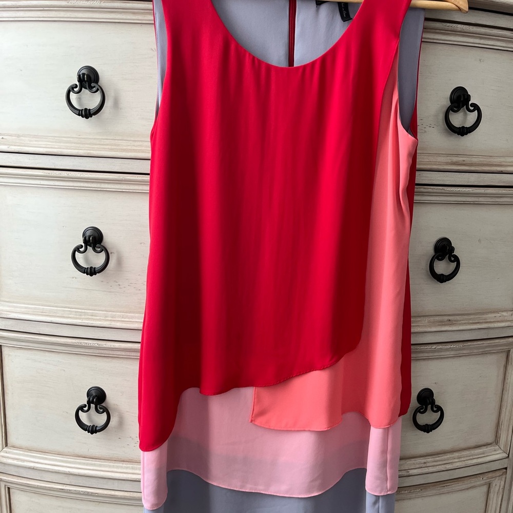 BCBGMaxAzria Red and Pink Asymmetrical Tiered Dress